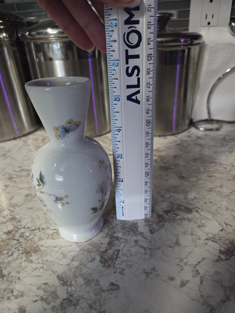Vintage Limoges France White Porcelain Small Vase 5.5 Inches, Floral, Butterfly - Picture 7 of 8